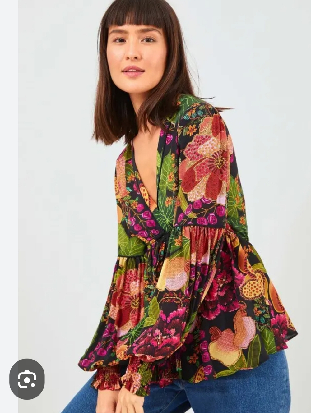 Farm Rio Black Fruit Floral Peasant Blouse